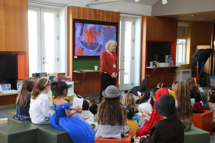 Helen Peters leading a writing workshop for Year 6 girls.