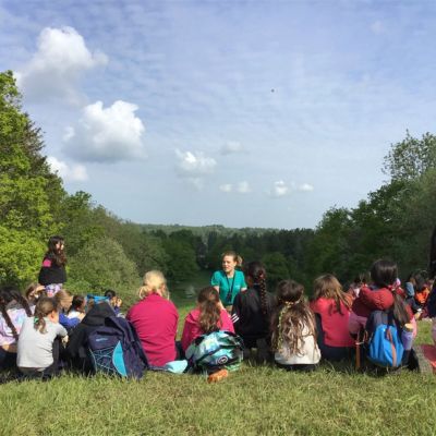 Year 4 group photo at the top of a hill on bushcraft residential.
